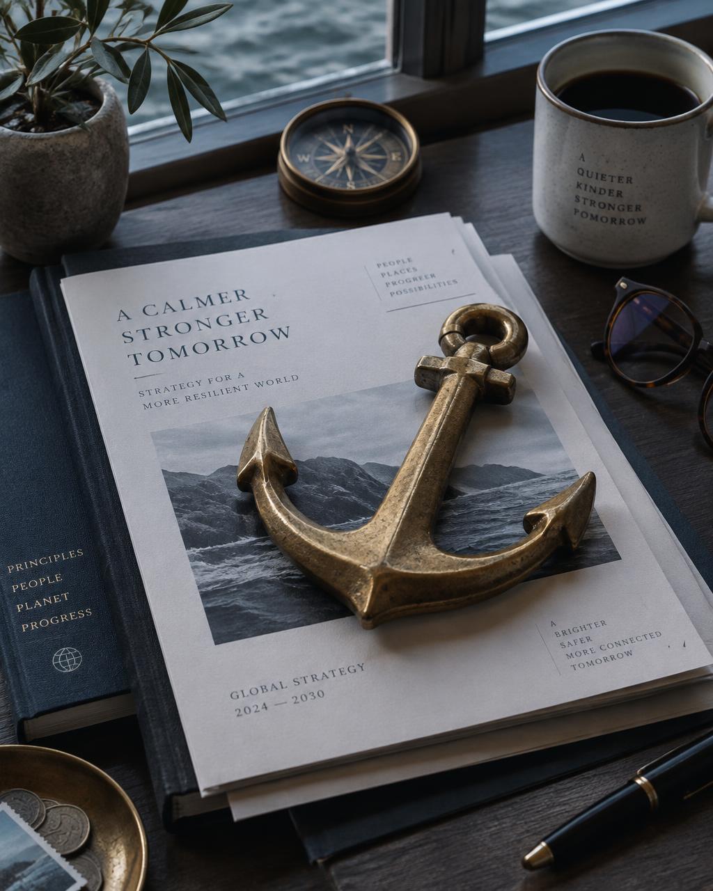 A brass anchor resting on a stack of printed strategy documents beside a compass and coffee